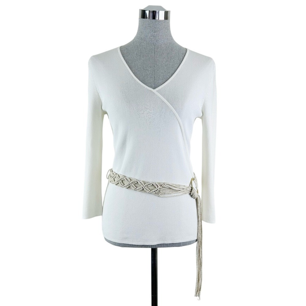 Cable & Gauge Y2K Knit Boho Faux Wrap Knit Top with Macrame knitted‎ rope belt
